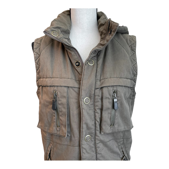NSF Womens Army Khaki Green Cargo Zip Snap Hooded Vest Sz S - Picture 4 of 9